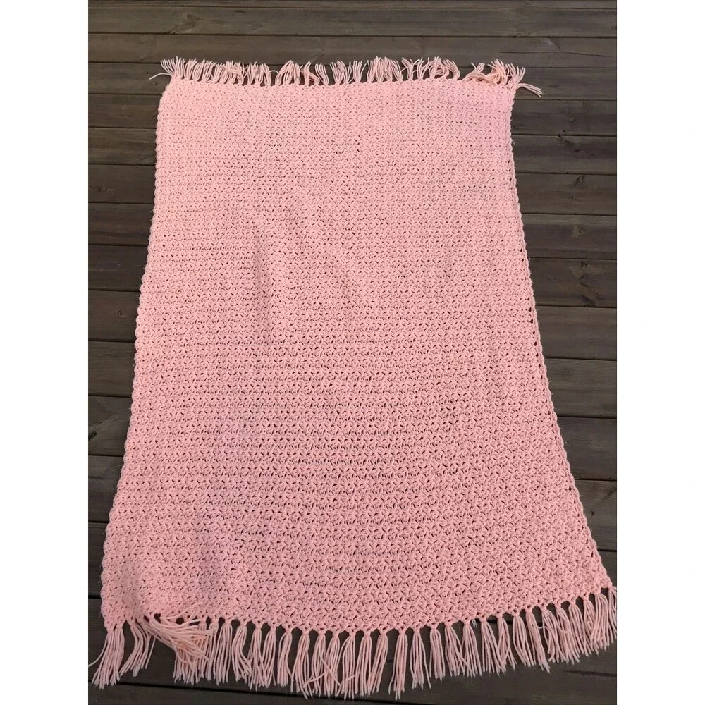 Vintage Handmade Crochet Blanket Afghan 40x63” Peach Fringe EUC